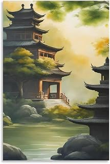 Chinese Ink Style Ancient Architecture Trees Lakes Canvas Painting Wall Art Poster for Bedroom Living Room Decor 08x12inch(20x30cm) Unframe-style
