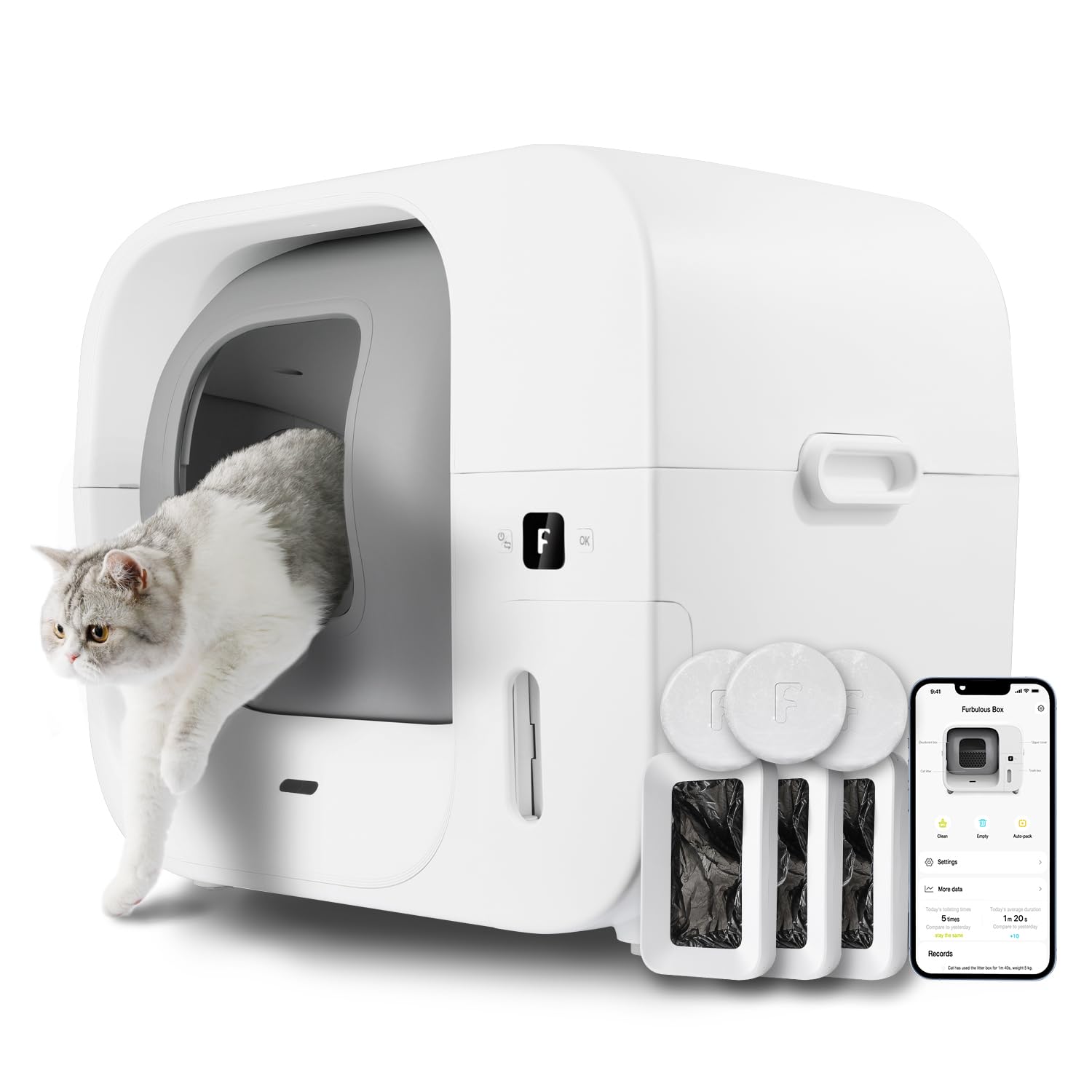 Furbulous True Odor-Free Automatic Self-Cleaning Cat Litter Box, Extra Large for 3–22 lbs Cats, Smart APP Control, Self-Pack & Refill System, 3 Waste
