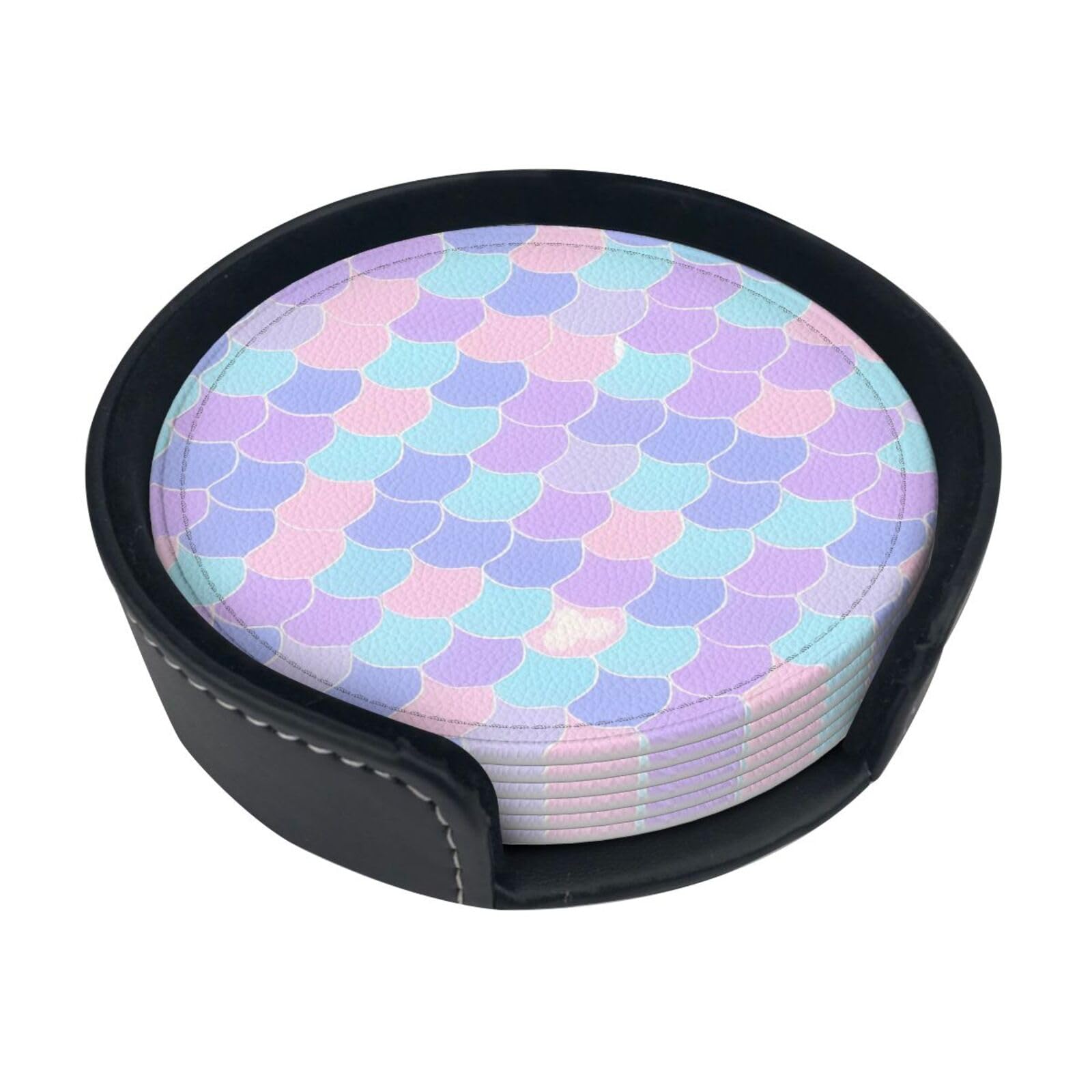 Cntdbu White Mermaid Tattoo Leather Coasters Set Of 6-Pu Leather Drink Mats For Table, Heat Resistant Round Coasters With Holder