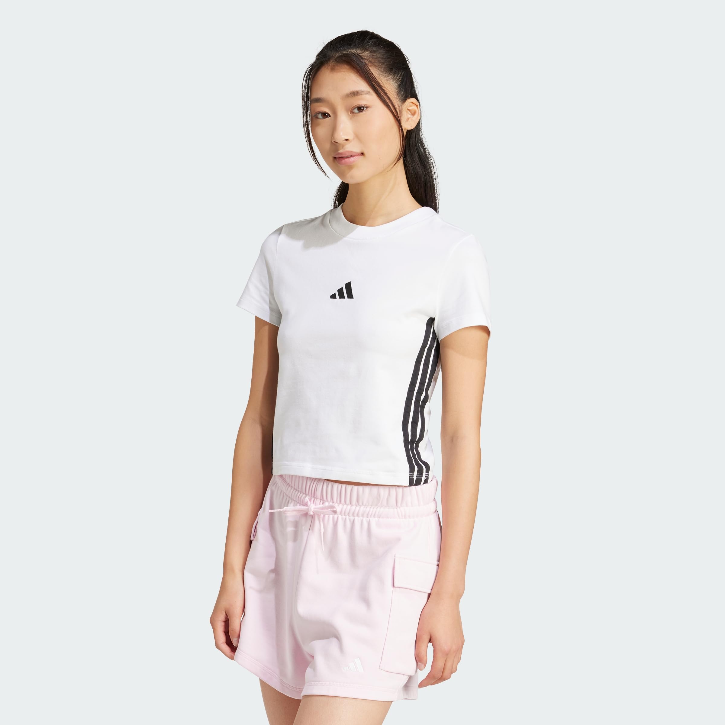 adidas Women's Essentials 3 Stripes Slim Baby Shirt, White/Black, XL