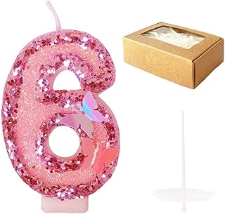 Birthday Candles Number 6,Pink Glitter Happy Birthday Cake Candles Handmade Sequin Numeral Candle