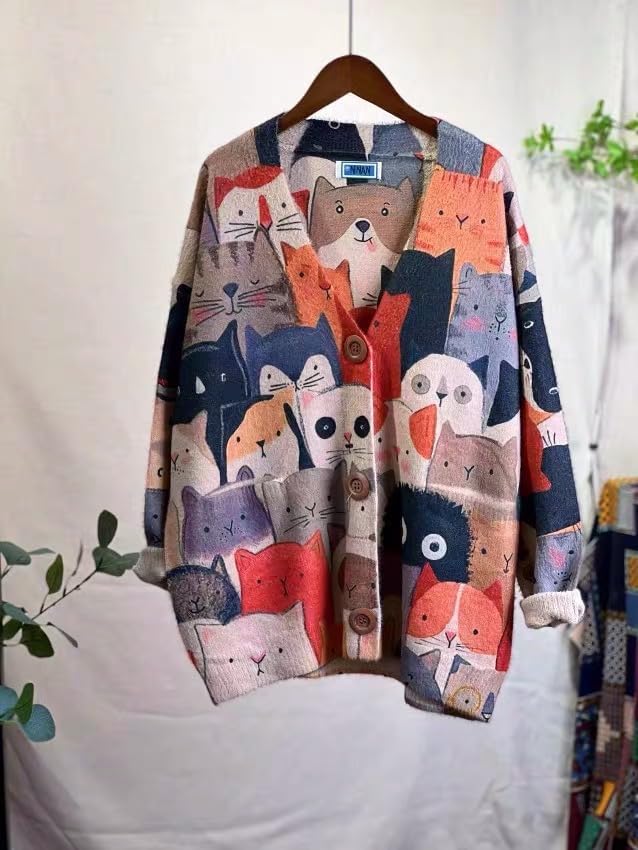 Image of TBUS Women's V Neck Oversized Cat Print Cardigan, Boho Patchwork Knit Sweater Long Sleeve Button Front with Pockets