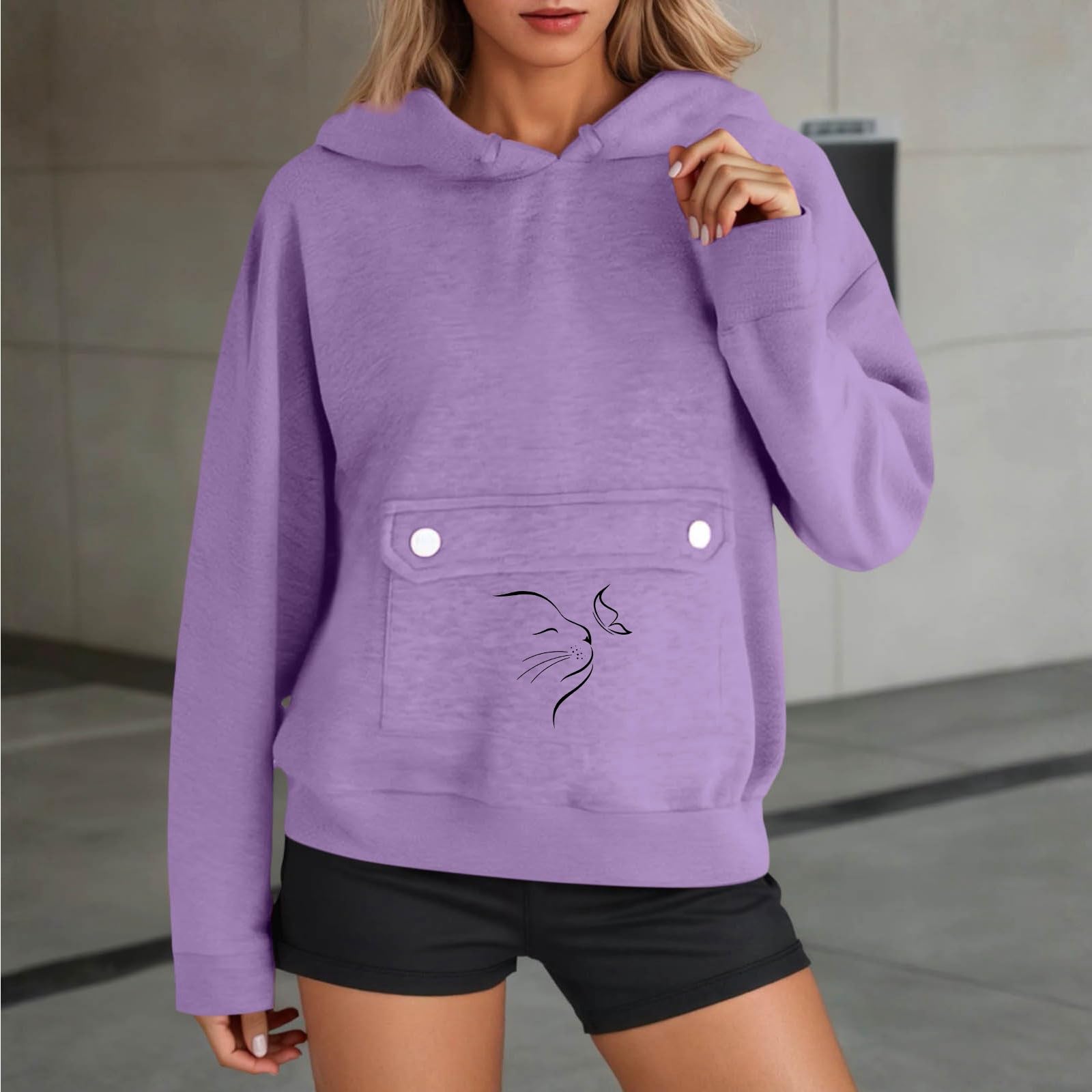 Katzen-Kapuzenpullover für Damen, langärmelig, mit Kapuze, Sweatshirt, mit Kapuze, Hundebeutel, Fleece-gefüttert, Haustier, Tier-Grafik, Winter, Herbst, Buchstaben, Hinterhölzer, Kapuzenpullover