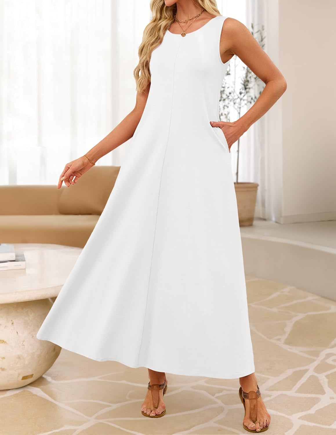 MEROKEETY Women's 2026 Summer Maxi Dress Sleeveless Crewneck Casual Loose Beach Vacation Basic Long Sundress