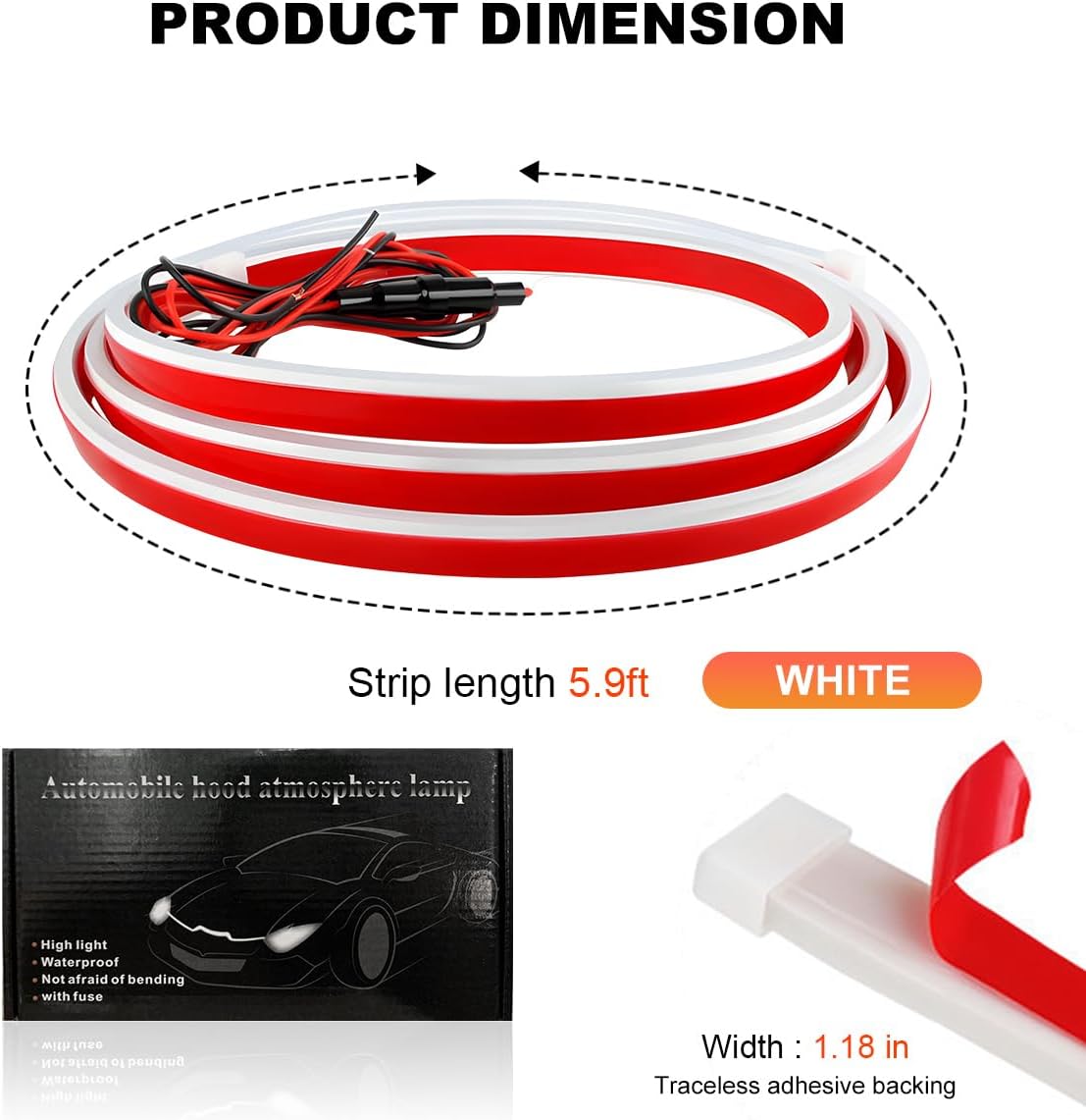 71" Car Hood Light Strip, Flexible Daytime Running Light Dynamic Scan Start Up Hoodbeam Kit, Waterproof Exterior LED Strip Universal Engine Hood Decor for Cars SUVs Trucks (White)