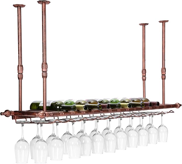Hanging Wine Rack, Metal Ceiling Bottle Rack, Vintage Display Wine Storage Holder with Stemware Glass Shelf for Under Cabinet, Kitchen, Bar, Adjustable Height and Width