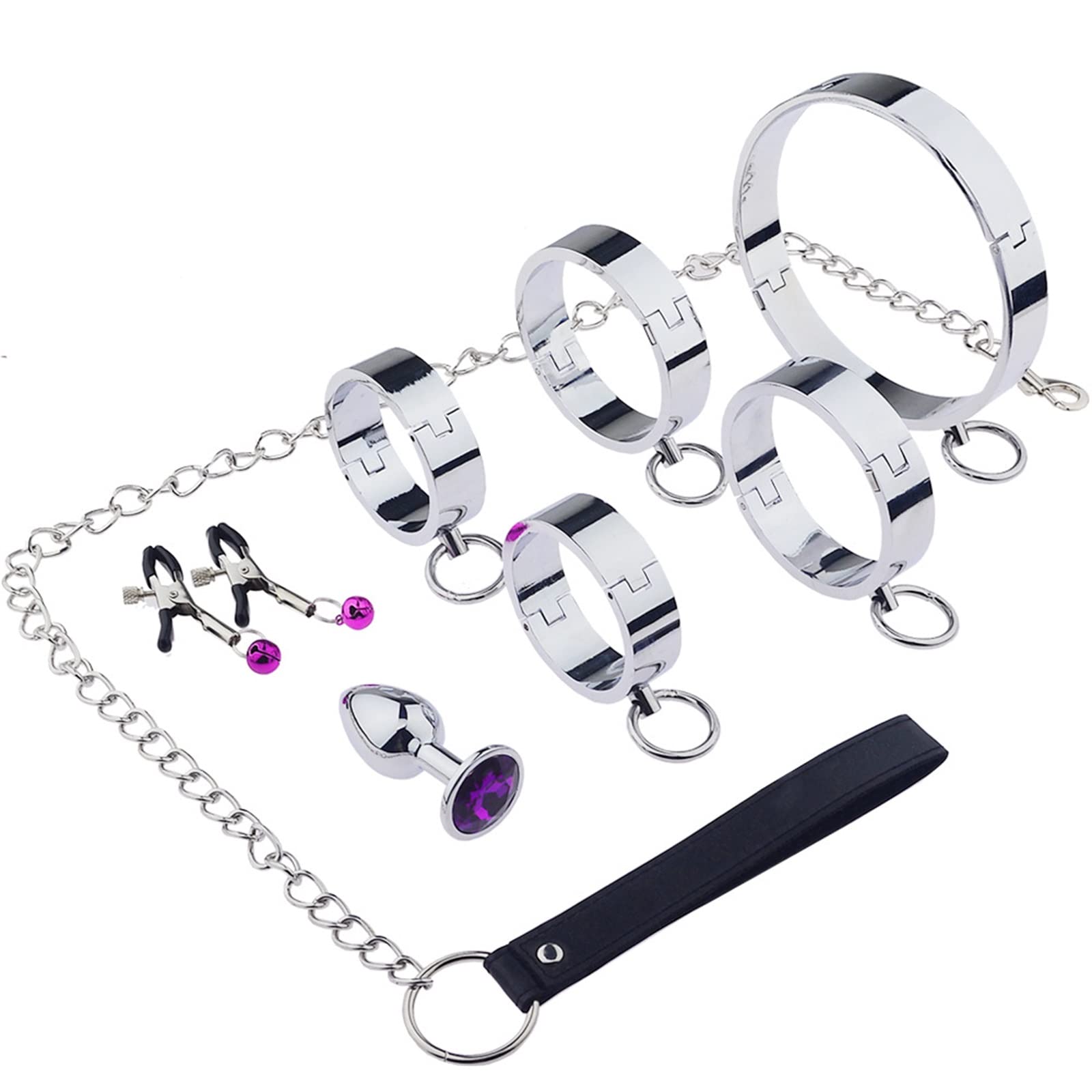 Set di Bondage BDSM di Lusso 6 Pezzi con Manette in Acciaio Inossidabile Collare Morsetti per capezzoli Plug anale Polsini per Caviglie Valigia Portatile Giocattoli erotici per Coppie,Men