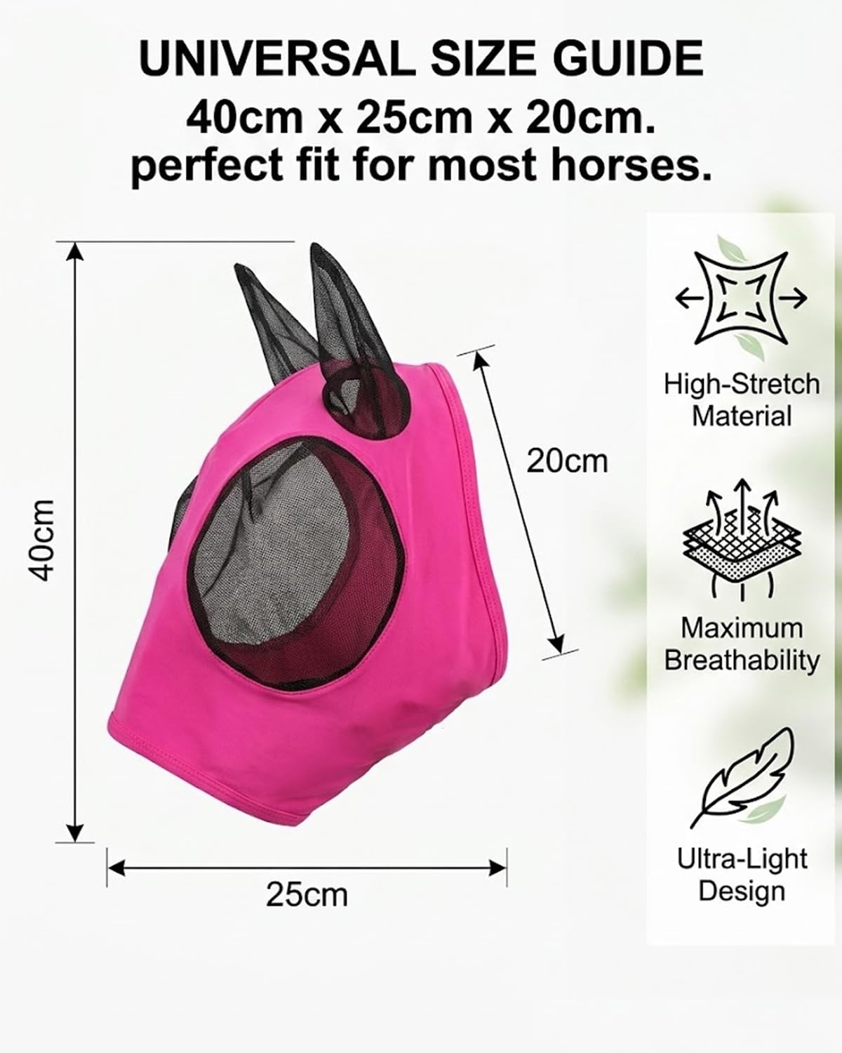 1 Pz Maschera per Cavalli Rosa Fucsia con Paraorecchie, Protezione UV & Insetti, Rete Traspirante per Benessere Equino