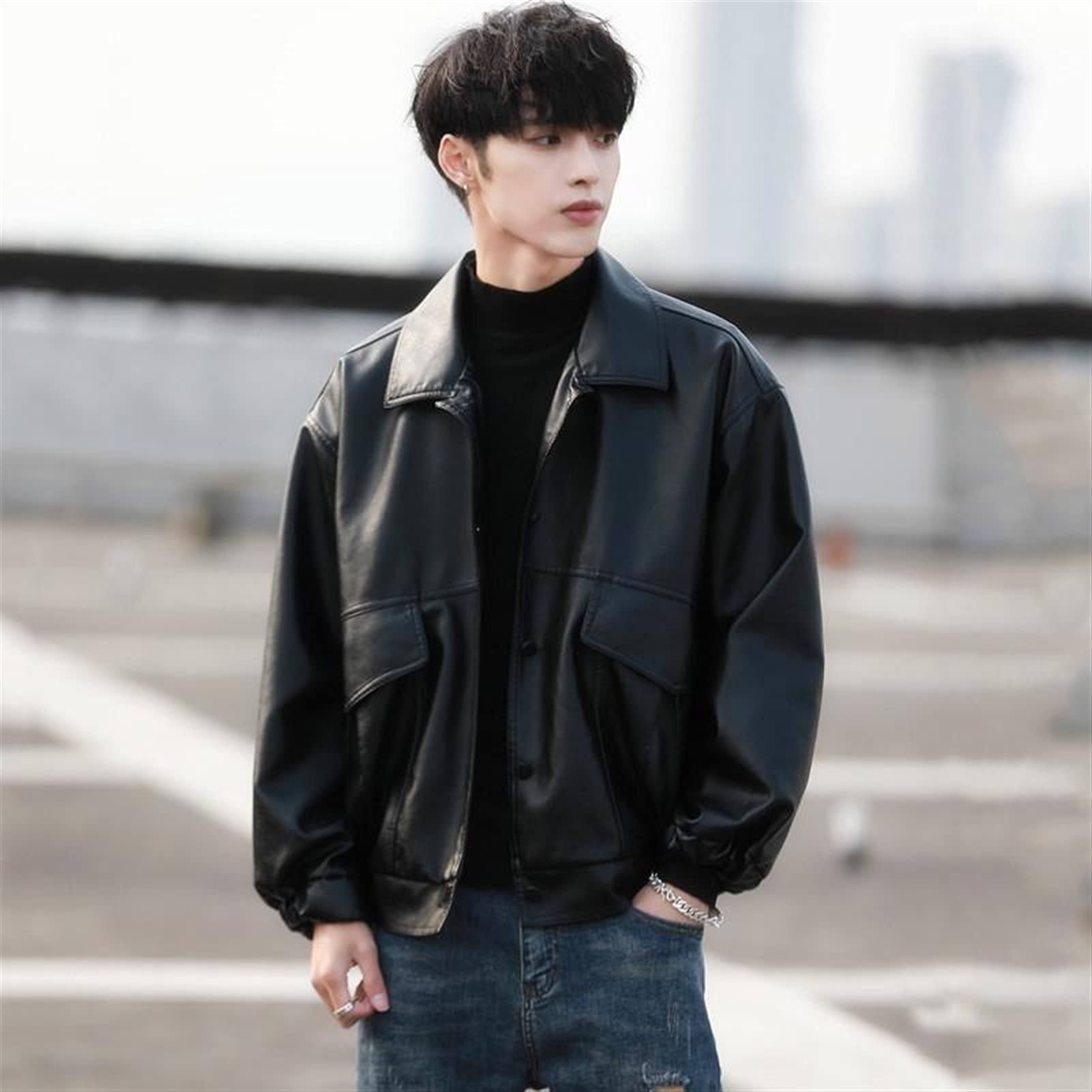 ジャケット・アウター vintage learher bomber jacket black Men's Leather Jackets Faux Motorcycle Biker Lapel Lightweight