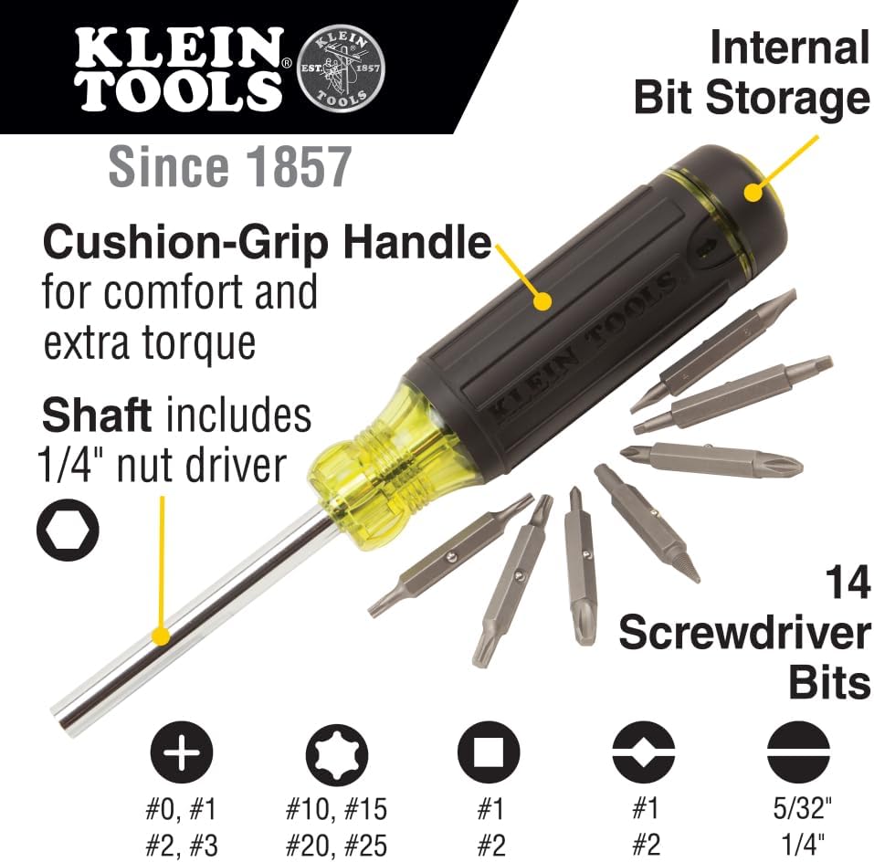 Klein Tools 32290 15-in-1 Multi-Bit Screwdriver Set, Includes 14 Screwdriver Bits and 1/4-Inch Nut Driver, Internal Storage
