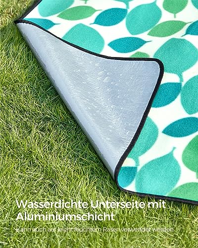 SONGMICS Picknickdecke, 200 x 200 cm, groß, Campingdecke, für Park, Garten, Strand, wasserdicht, maschinenwaschbar, faltbar, türkise Blätter GCM78Y-5