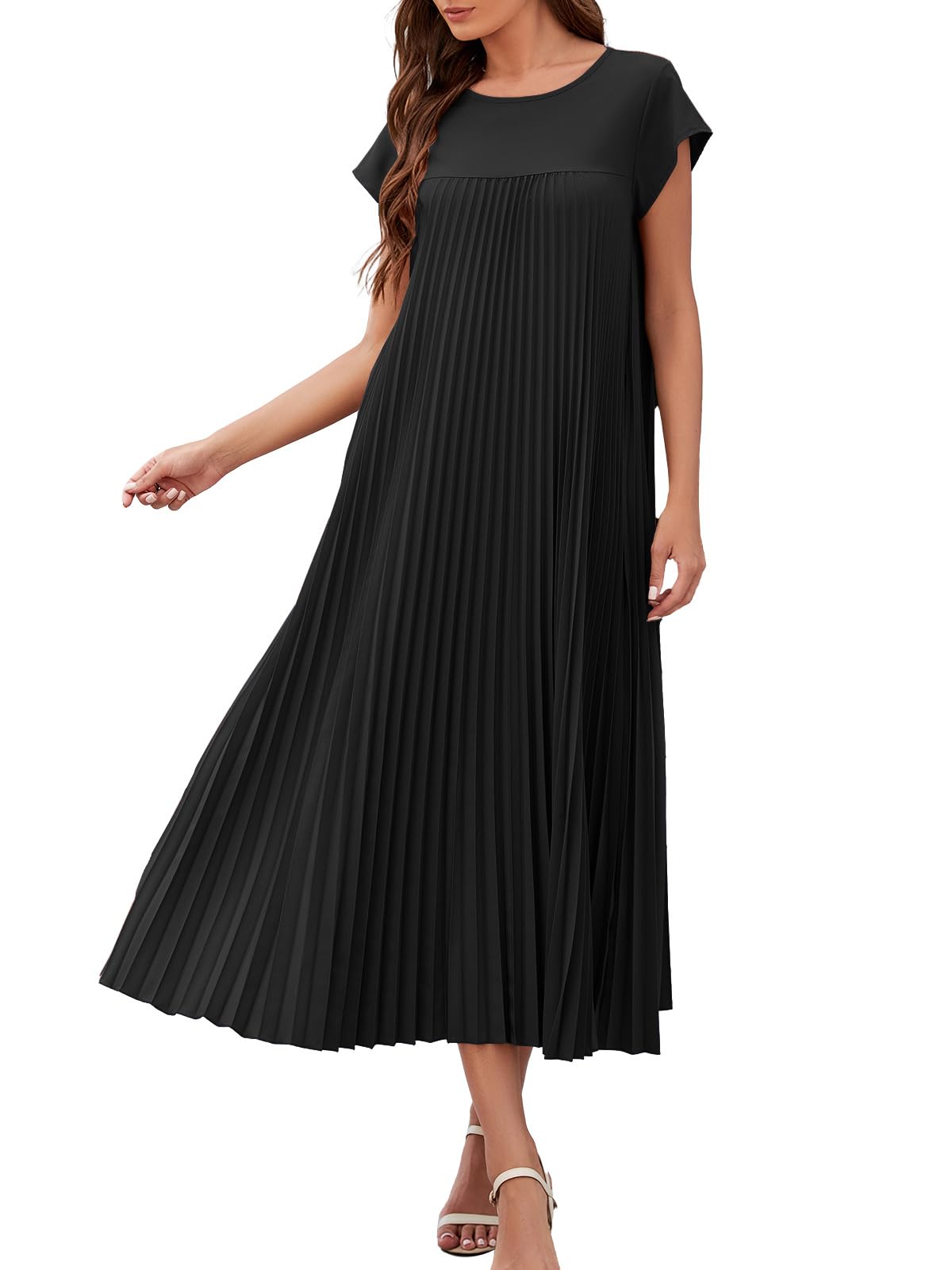 Adigaber Mujeres Largo Vestido Plisado Verano Casual Cuello Redondo Sólido Vestido con Bolsillos