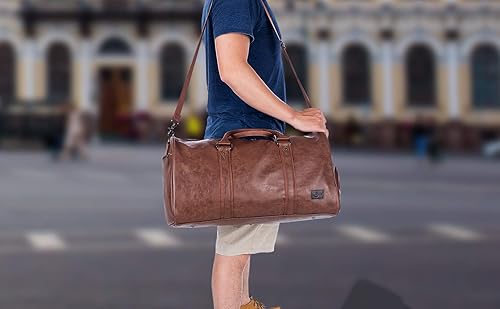 Vista 13 de Bolsa de viaje de cuero con bolsa para zapatos, bolsa impermeable para fin de semana, bolsa de lona de mano para hombres y mujeres, color negro