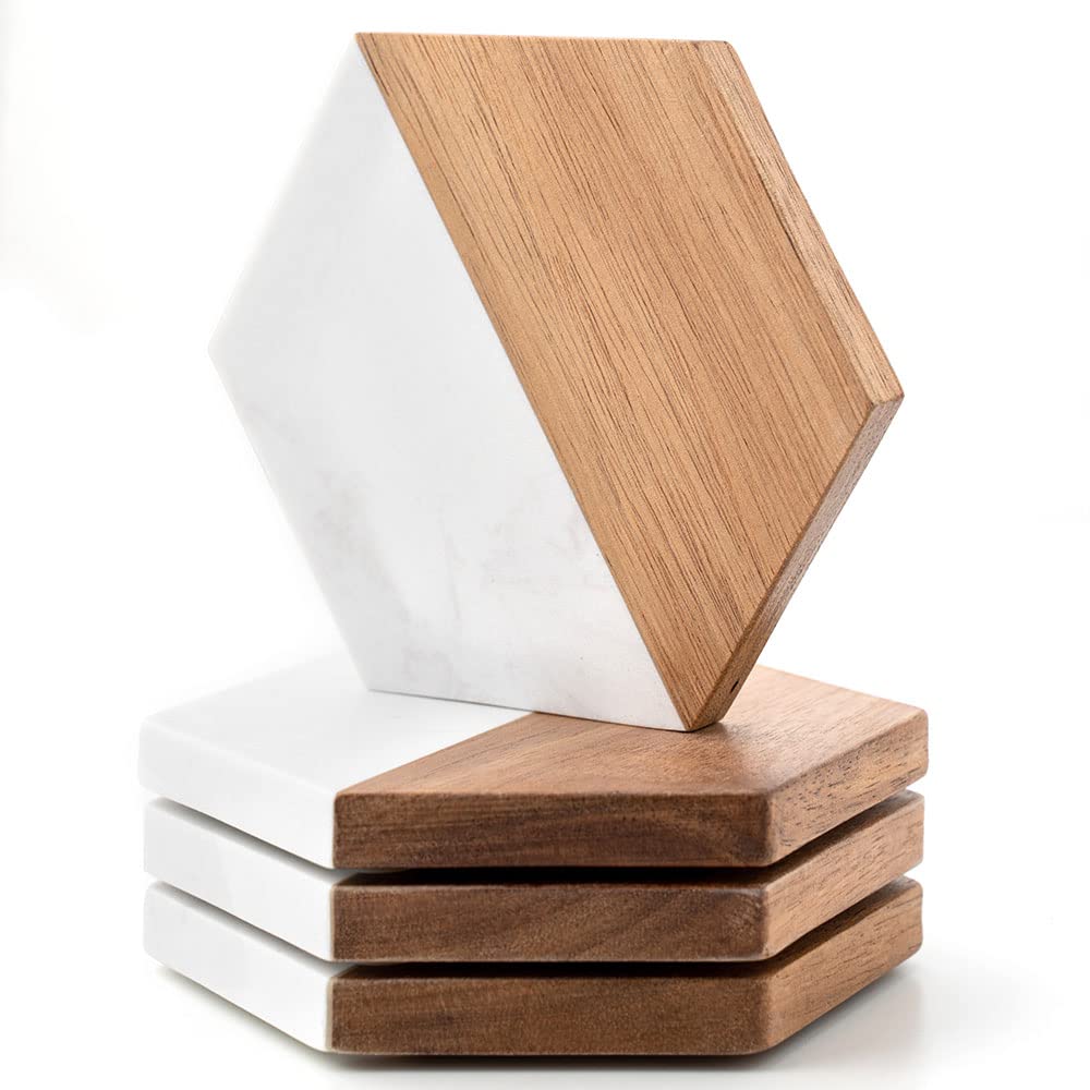 Wood Marble Coasters for Drinks, Modern Rustic Acacia Hexagon Coaster Set Decorative Bar Coaster for Living Room Coffee Wooden Table Beer Mug Christmas Housewarming Wedding Home Decor 4Pcs