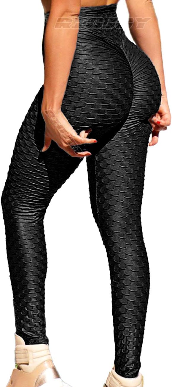 Women Anti Cellulite Gym Waffle Leggings, High Waist Yoga Pants Bubble Textured, Scrunch/Ruched Butt Lift Running Tights