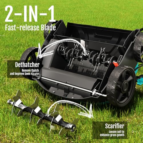 Electric Dethatcher and Scarifier, 2-in-1 Lawn Dethatcher with 10.5 Gal Thatch Bag, 5-Position Height Adjustment, Dual Switch, Walk Behind for Yard Lawn Garden Care