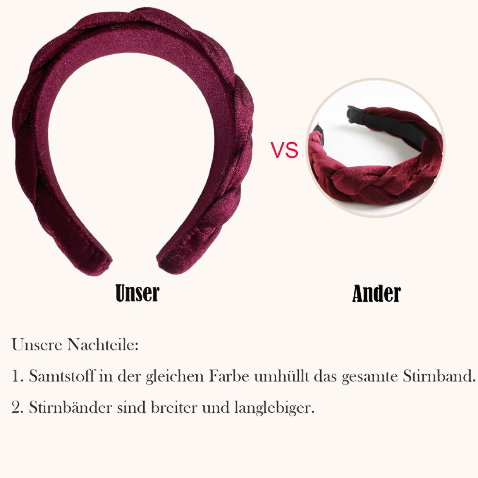Fascia Per Capelli In Velluto Rosso - Cerchietto Largo Intrecciato Vintage Per Donne E Ragazze, Accessorio Morbido Per Uso Quotidiano - 2
