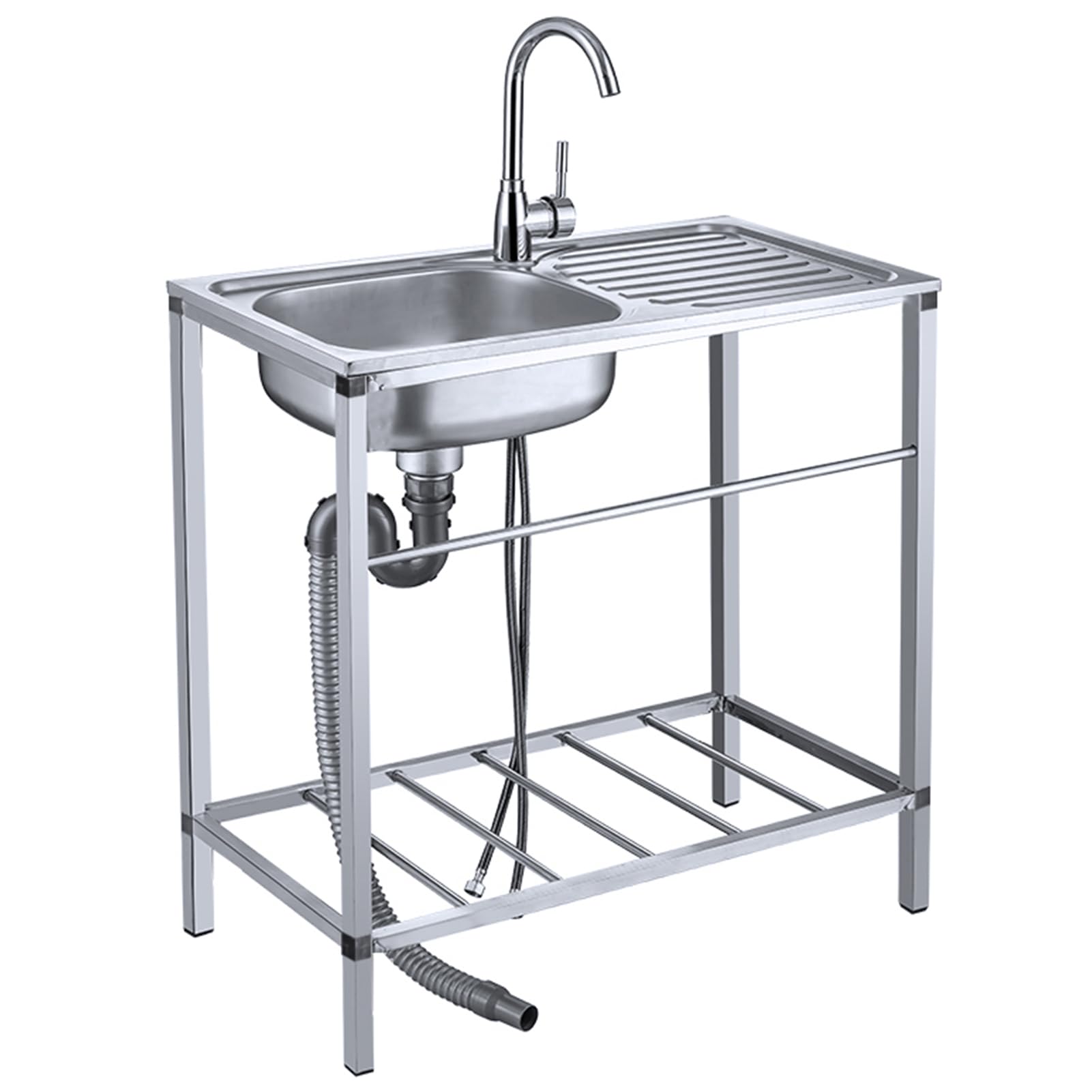 Lavello autoportante con Piano di Lavoro, Rubinetto da Cucina in Acciaio Inox per Acqua Calda e Fredda, Kit di Scarico Portatile per Garage e Giardino.