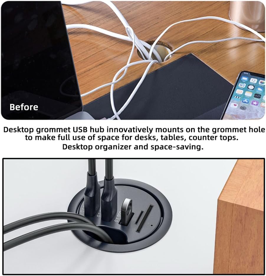 NFHK USB 3.0 Hub SD TF 3 Port USB 60mm Desk Grommet Splitter Dock Station Micro-SD Card Reader for Desktop PC Desk