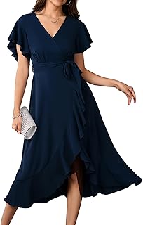 Womens Wedding Guest Midi Dress Flutter Sleeve V Neck Wrap High Low Bridesmaid Cocktail Formal Dresses for Women - Buy now