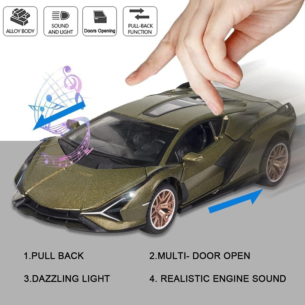 DUWOL New 1:24 Sian Diecast Alloy Metal Pull Back Car with Openable Doors Music Sound and Light Vehicle Toy Car for Kids Boys (Multicolor) 2