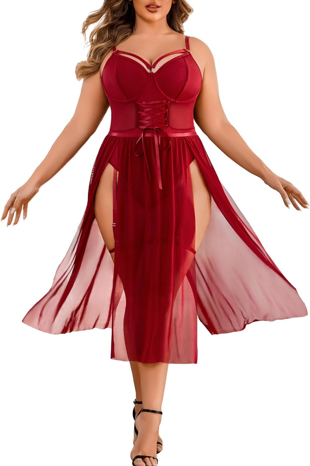 Sexy Plus Size Lingerie Set for Women Sexy Bodysuit with High Slit Dress and Garter Belt