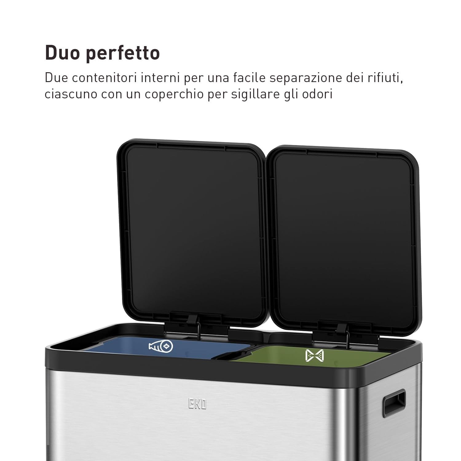 EKO Pattumiera Differenziata 2 Scomparti 30L + 30L con Doppio Pedale | Acciaio Inox Antimpronta | Coperchi Eleganti | Sottolavello Double