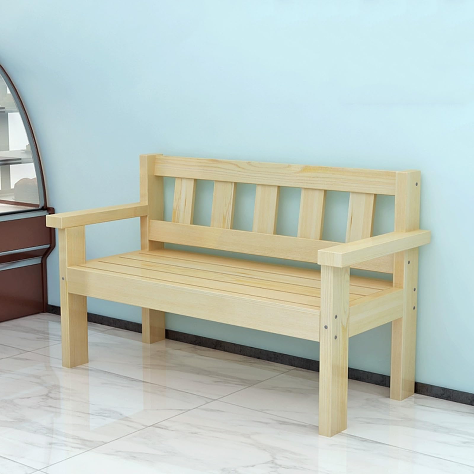 Banc d'extérieur rustique beige 2 places avec dossier et accoudoirs