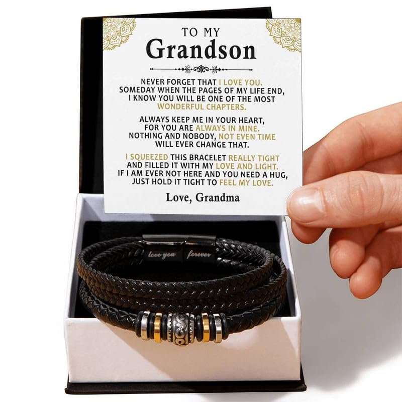 To My Grandson Bracelet from Grandma and Grandpa, Leather Bracelet For Grandson From Grandparents, Graduation Gift For Grandson, Grandson Birthday With Message Card and Gift Box.4