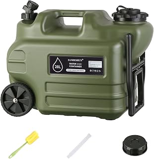 7.4 Gallon Water Jug, 28L Portable Water Container with Wheel & Pull Handl, Spigot, Cleaning Brush, Detachable Hose & Extra Lid, BPA-Free Camping Hydration Canteen, Outdoor Tank Storage PE - Green