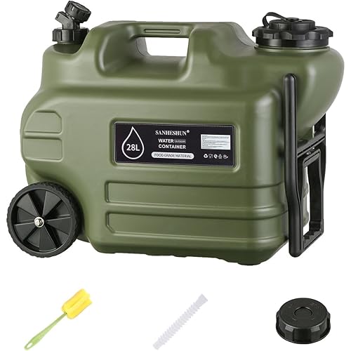 7.4 Gallon Water Jug, 28L Portable Water Container with Wheel & Pull Handl, Spigot, Cleaning Brush, Detachable Hose & Extra Lid, BPA-Free Camping Hydration Canteen, Outdoor Tank Storage PE - Green