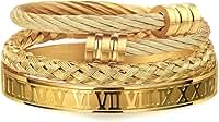 Kit 3 Pulseiras Masculinas Luxo – Aço Inoxidável Dourado | Estilo Romano, Cabo Trançado e Bracelete Ajustável | Alta Durabilidade, Antialérgica e Elegante para Homens Modernos