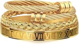 Kit 3 Pulseiras Masculinas Luxo – Aço Inoxidável Dourado | Estilo Romano, Cabo Trançado e Bracelete Ajustável | Alta Durabilidade, Antialérgica e Elegante para Homens Modernos
