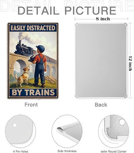 Miniatura 2 de Letrero de lata con texto en inglés Easy Distracted by Trains, decoración de tren para habitación de niños y hombres, regalos de tren para papá y