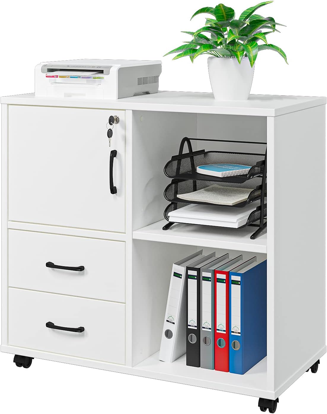Office Storage Cabinet with 2 Drawers, Modern Rolling Cabinet with 3 Storage Shelves Printer Stand Table with Wheels for Home Office Storage (White)
