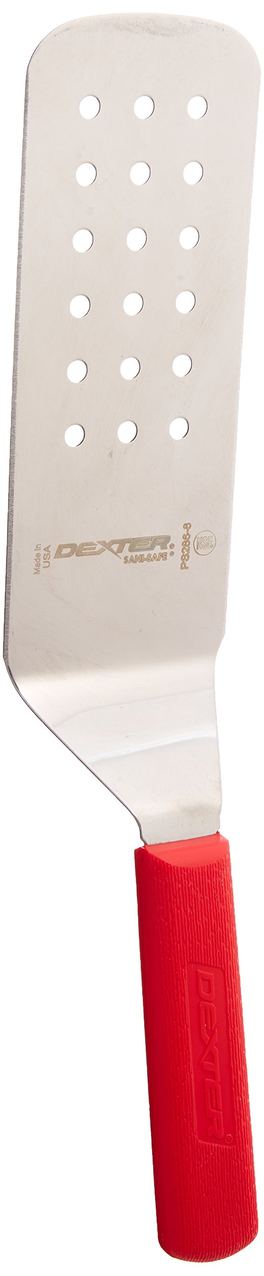 Dexter Russell PS286-8R-PCP Sani-Safe (19703R) Perforated Turner, 8" x 3", Stainless Steel, Offset Blade, Textured, Polypropylene red Handle, Perfect Cutlery Packaging, NSF Certified