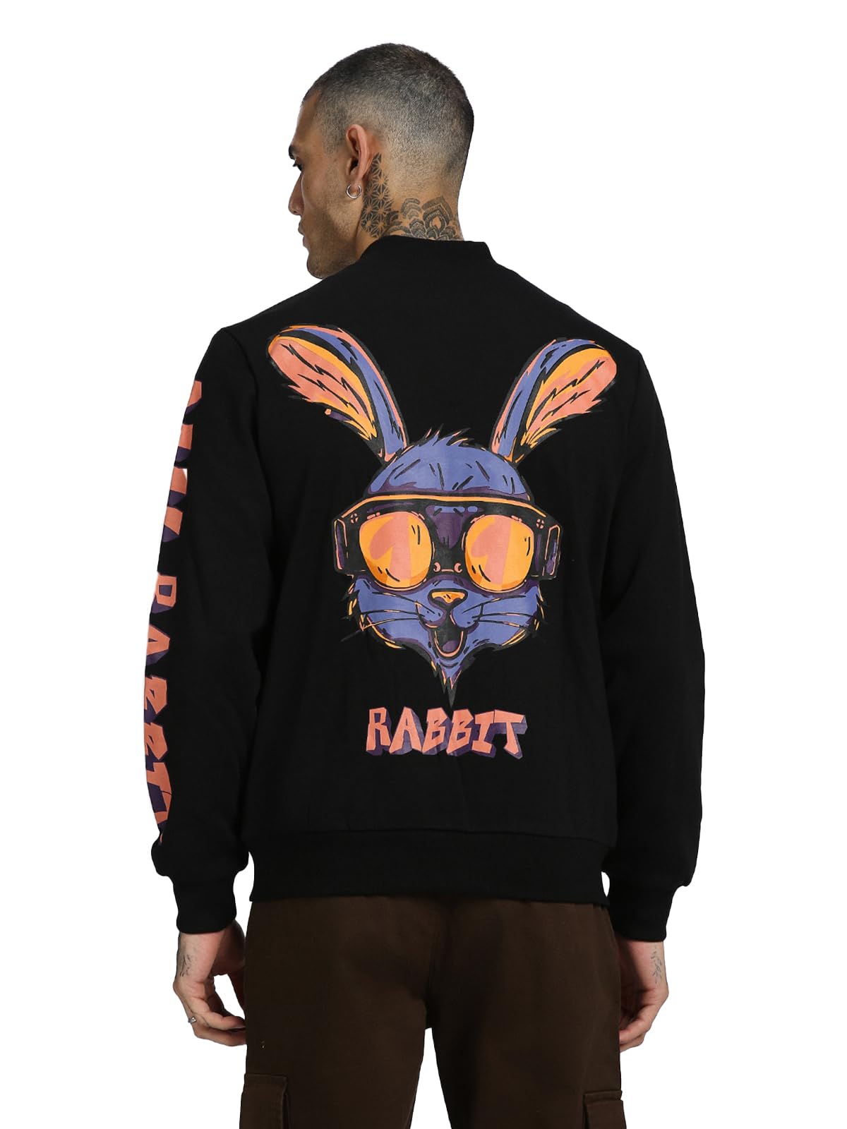 Veirdo® Cotton-Fleece Stylish Rabbit Printed Black Zipper Jacket for Men (Regular Fit, Full Sleeves, Ribbed Cuff & Hem, Spread Collar, Available in S, M, L, XL, XXL)-image-2