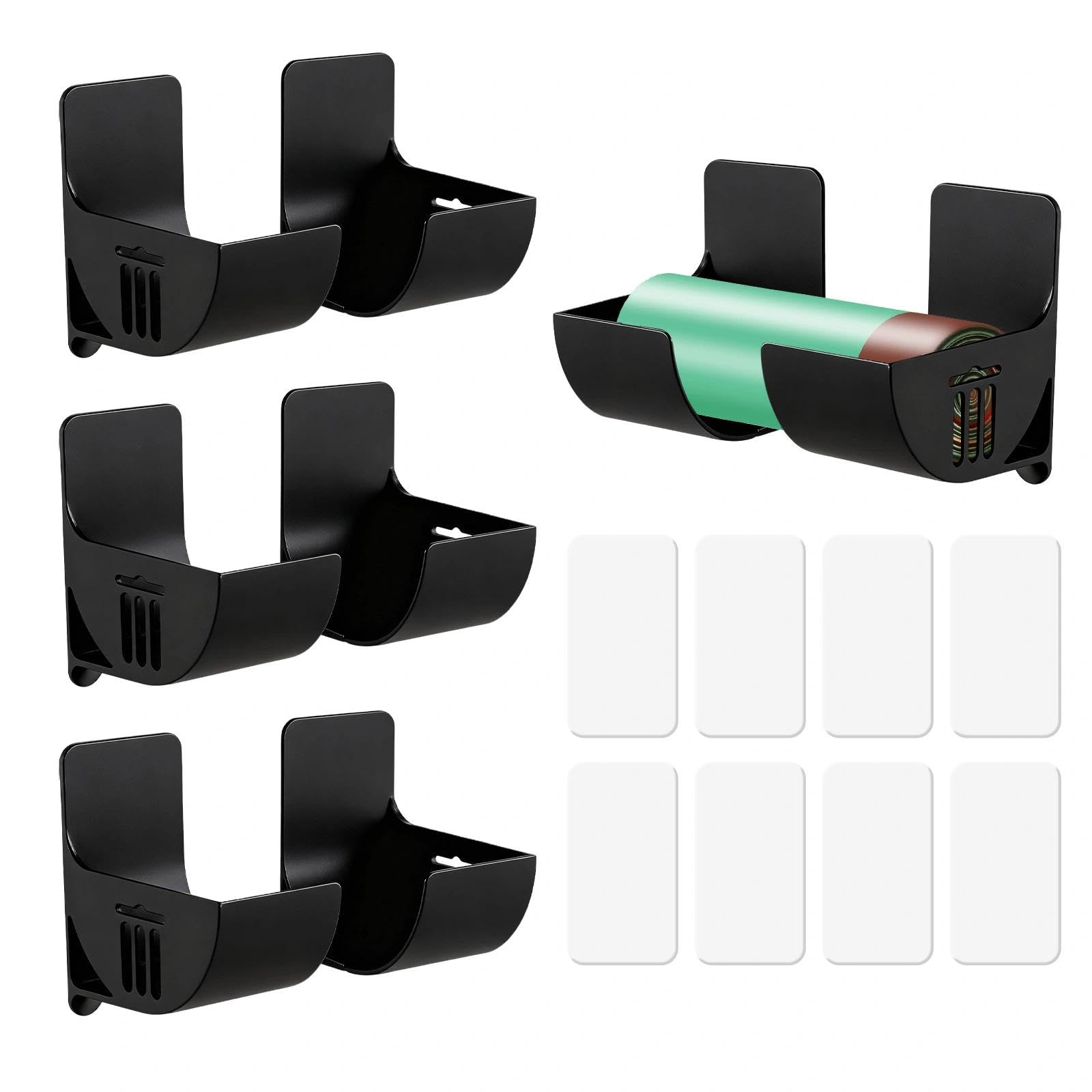 Eulihent 4 Pairs Bin Bag Holder Self-Adhesive Foil Holder Wall Mounted Plastic bag Holders Cupboard Door Storage Organiser No Punching Garbage Bag Dispenser for Tin Foil,Cling Film,Trash (Black)