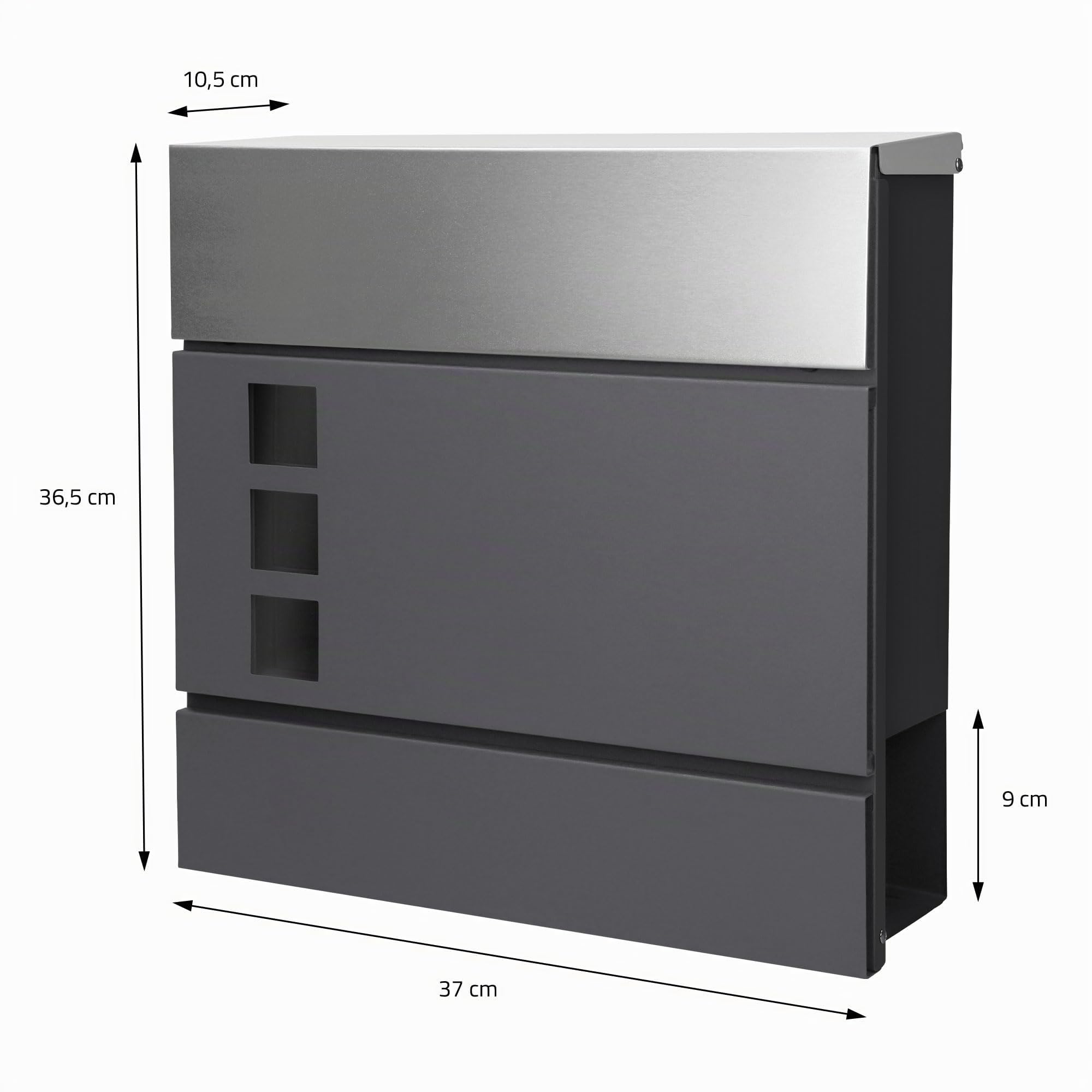 ECD Germany Buzón Correos Exterior Diseño Moderno de Pared con 3 Ventanas de Observación Compartimento para Periódicos 37x10,5x36,5 cm Acero Plata/Antracita Incl. 2 Llaves con Material de Montaje