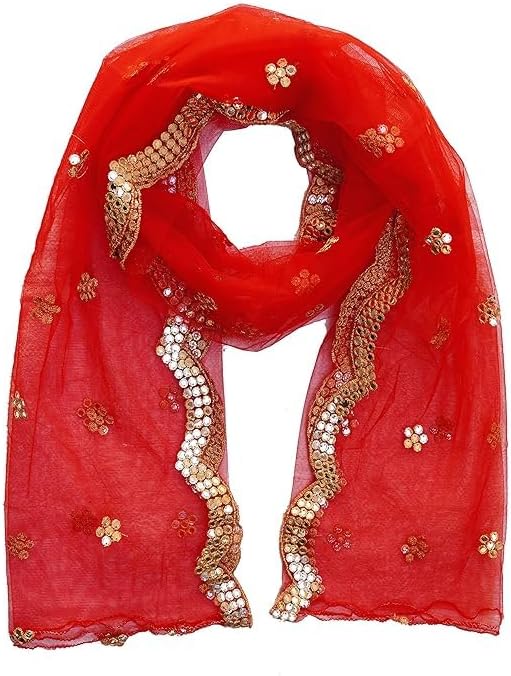 Fashstastic Embroidered & Embellished Plastic Mirror Net Dupatta for Womens & Girls With Cut Design