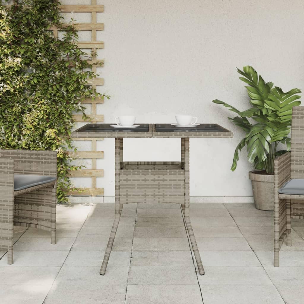 Stół ogrodowy ze szklanym blatem, szary, 80 x 80 x 75 cm, polirattan, odporny na warunki atmosferyczne, stabilna rama na taras, balkon i do ogrodu