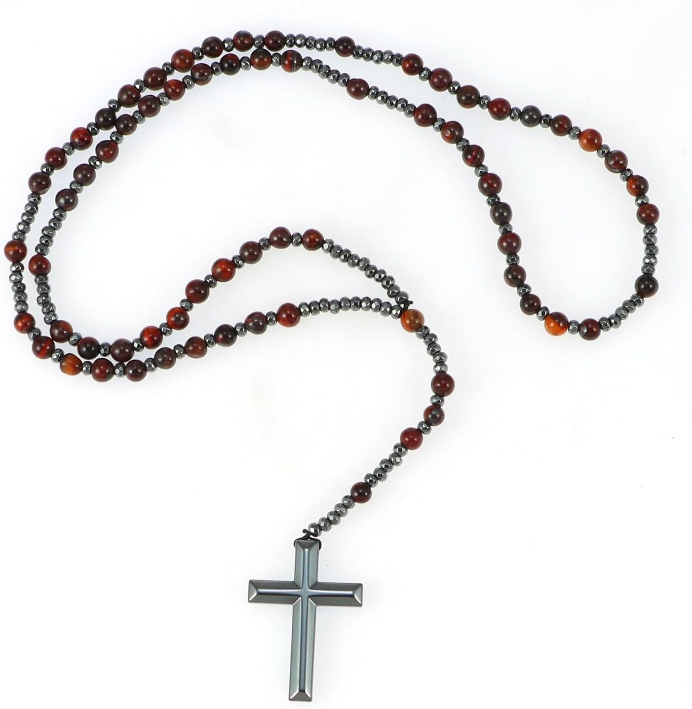 Rosary Beads Catholic, 6mm Red Tiger Eye Beaded Hematite Cross Pendant Rosary Necklace, Rosarios Catolicos Healing Crystal Triple Protection Necklace Catholic Gifts for Women Men