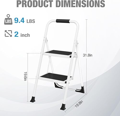 Miniatura 2 de HBTower Escalera de 2 escalones, taburete de 2 escalones para adultos, taburete plegable de 2 escalones con mango acolchado, capacidad de 330