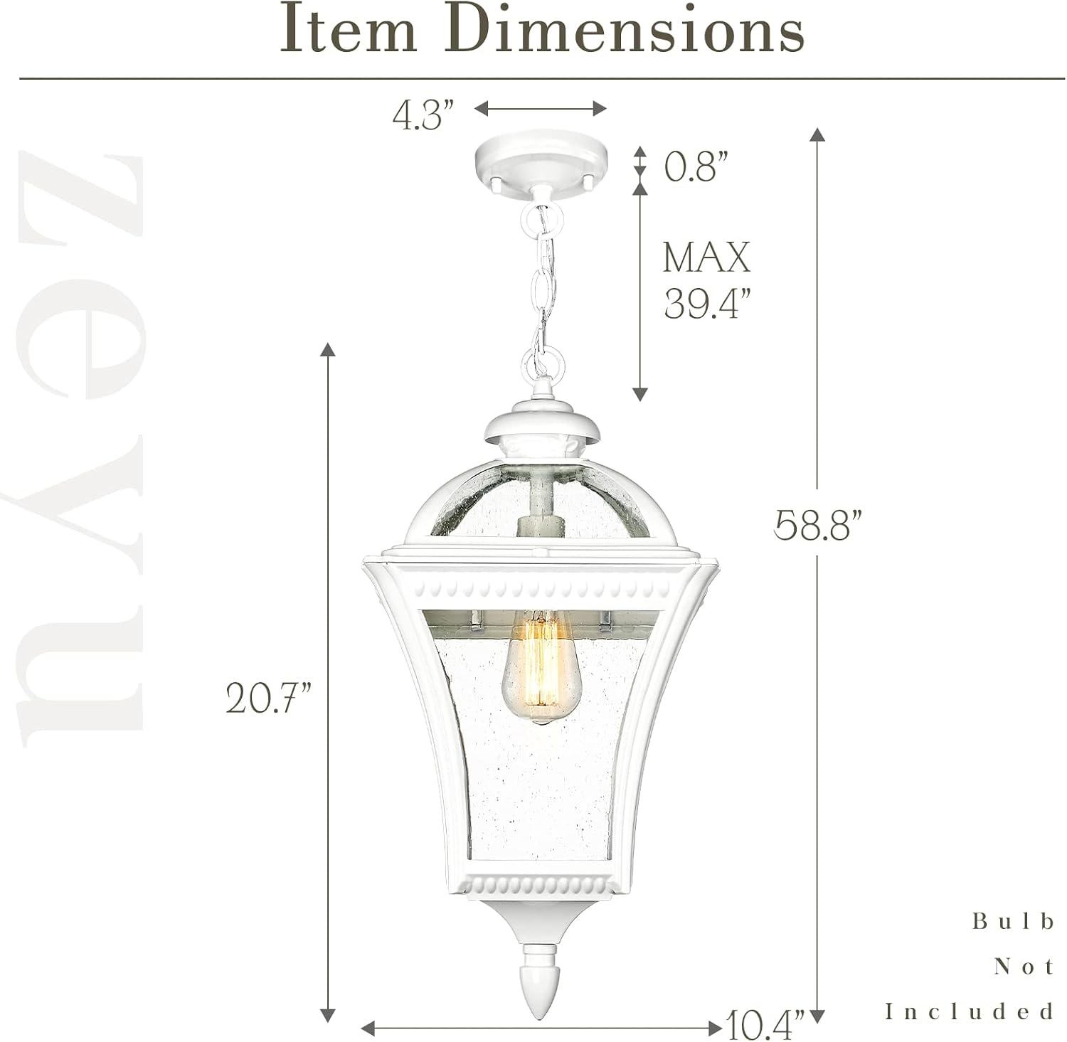 zeyu Modern Outdoor Hanging Porch Light, 21" Large Pendant Light Fixture for Outside with Seeded Glass Shade, Die-Cast Aluminum in White Finish, ZX55H WH