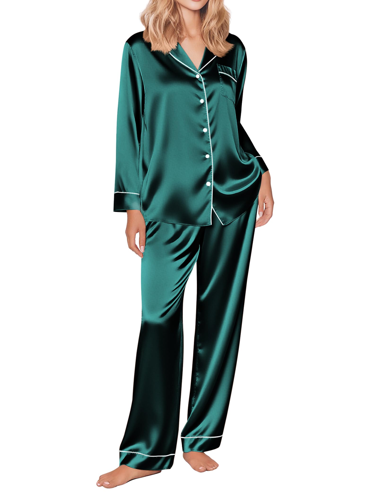 Ekouaer Pijamas a juego para parejas, de seda, de manga larga, de satén, suave, con botones, tallas S-XXL