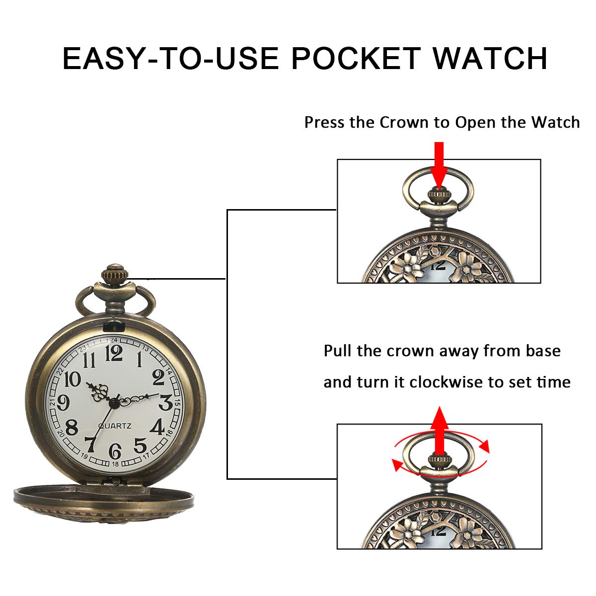 JewelryWe Prezent na Dzień Matki, retro zegarek kieszonkowy z łańcuszkiem, dla kobiet i mężczyzn, analogowy, kwarcowy, zegarek łańcuszkowy, wisiorek z łańcuszkiem, prezent dla kobiet i mężczyzn, Typ