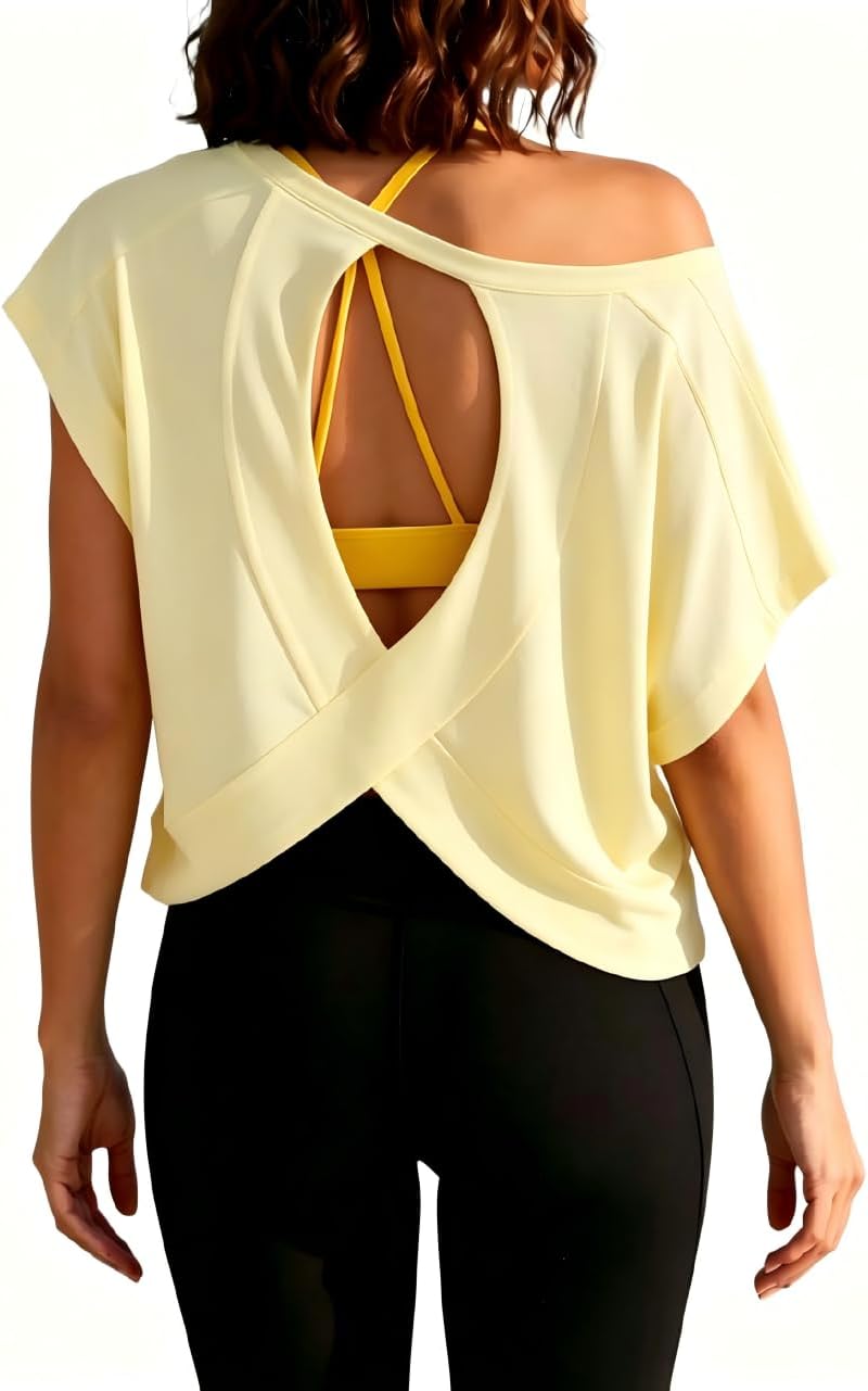 Womens Open Back Workout Shirts Cotton Tops Short Sleeve Tees Crop Backless Tops Boxy Yoga Shirts