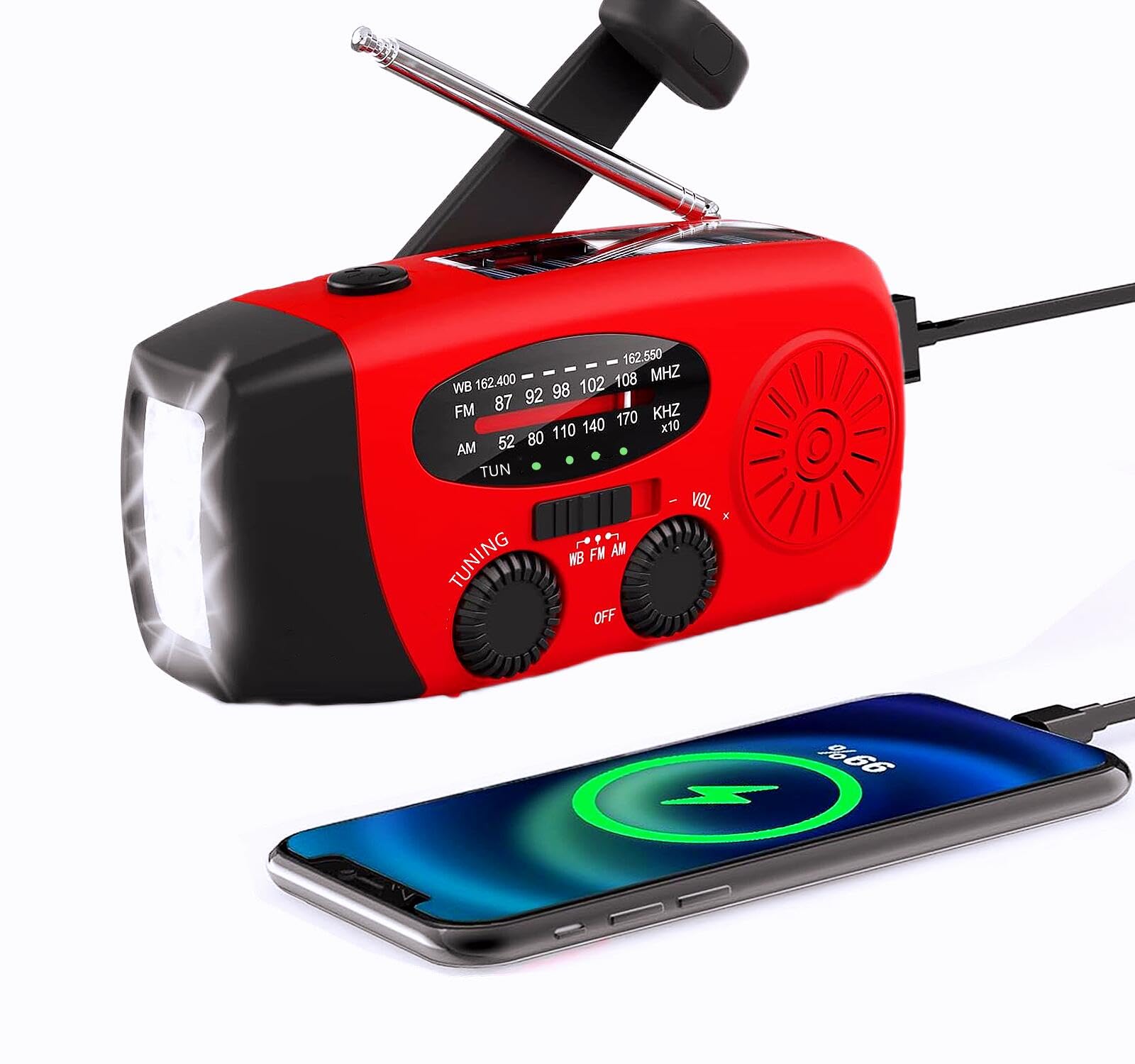 Handsider Solar Hand Crank Self Powered Survival Emergency AM FM NOAA Weather Radio with Led Flashlight 2000mAh Power