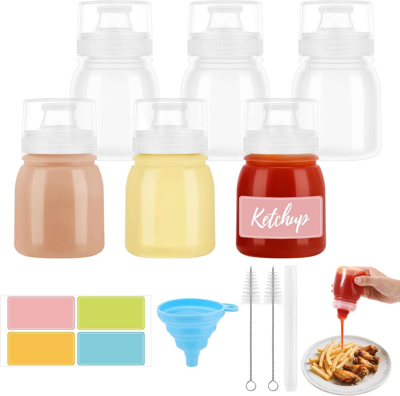 6 Pack 180ml Condiment Squeeze Bottles with Multi Nozzle Cap Leakproof Portable BBQ Sauce Containers for Salad Dressing Ketchup Mayo Includes Funnel Brush Label Stickers Marker