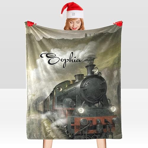 Miniatura 5 de Manta personalizada con diseño de tren, de forro polar, suave, con nombre para regalo, sofá cama (50 x 60 pulgadas)